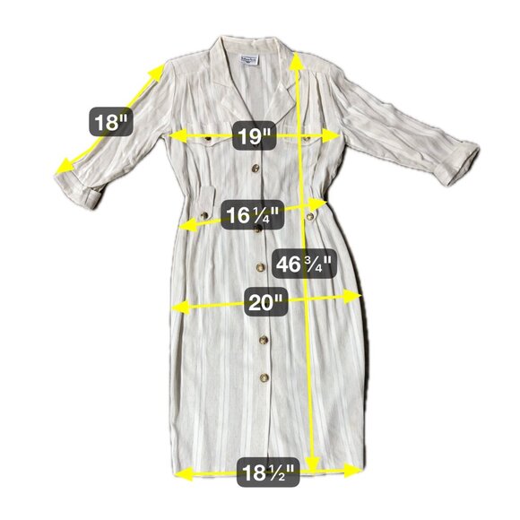 Vintage Cream Beige Dress Button Down Striped 1980s Brittany Nicole USA 13/14 - Picture 9 of 9